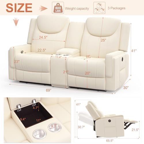 Dresegmt Loveseat Recliner Sofa, Cup Holders, Storage & USB Ports, - Image 2