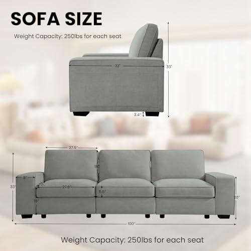 TEKAMON 100" Modular Sofa with Seats Storage, Comfy 3-Seater Chenille Fabric - Image 2