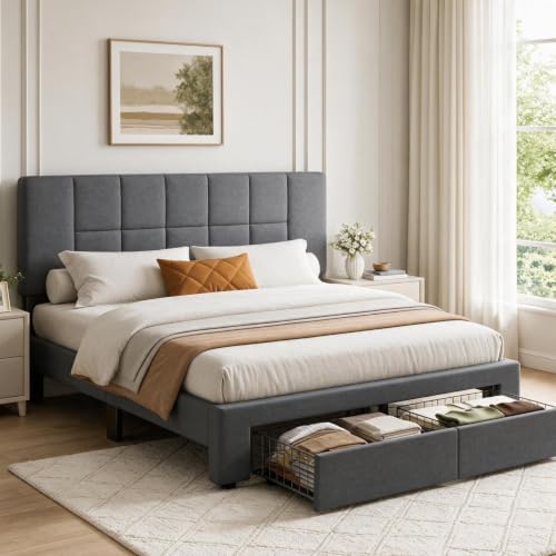 Marsail Queen Bed Frame with 2 Storage Drawers & Upholstered Adjustable - Image 3