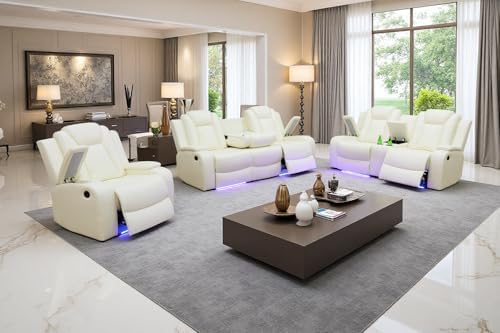 Power Recliner Sofa Set with LED, Breathing Leather Electric Reclining by COSYMOORFURNITURE