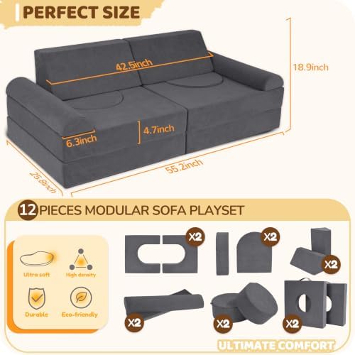 12-Piece Modular Kids Play Couch, Convertible Toddler Couch - Image 2