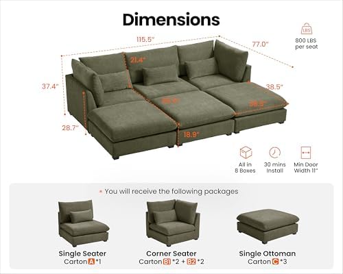 115" Oversize Chenille Modular Sectional Sofa Couches - Image 2