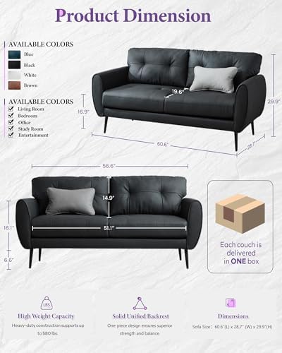 61'' Black Faux Leather Loveseat, Small Tufted Couch - Image 2