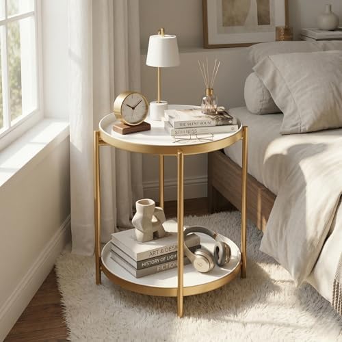 TeoKJ 2 Tier Gold Side Table, Folding Round Metal End Table Small Nightstand - Image 2