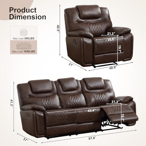 ANJ 2-Piece Manual Reclining Sofa Set, Premium Genuine Leather Reclining Couch - Image 2