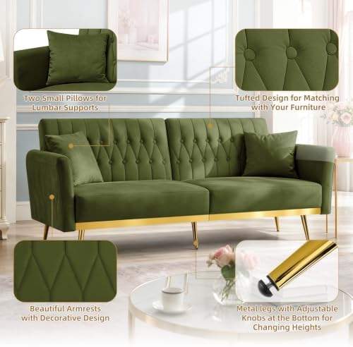 70” Velvet Futon Sofa Bed w/Adjustable Armrests, Olive Green - Image 7