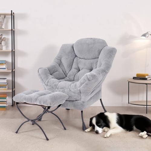 Tiita Lazy Chair with Ottoman, Comfy Reading Accent Chair, Plush Light Grey - Image 3
