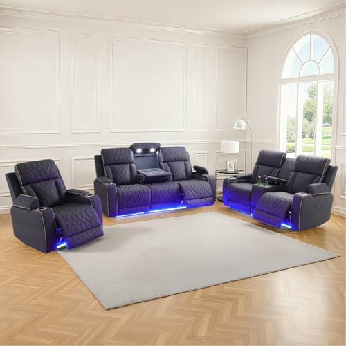 Power Recliner Sofa Set with LED Lights, Suede Leather Reclining Couch with by Caberryne