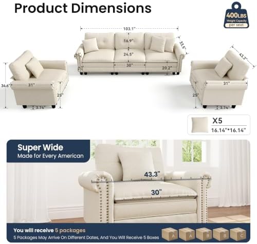 PHI VILLA Modular Sectional Sofa and Cloud Chair Set Living Room 3-Piece - Image 3
