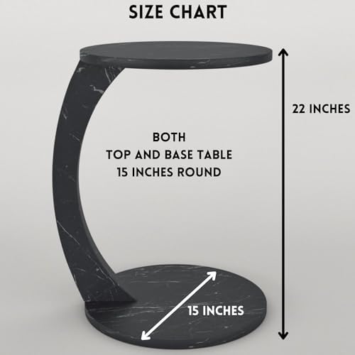 C Shaped End Table for Couch Small Places, Faux Marble Black Space Saver Round - Image 2