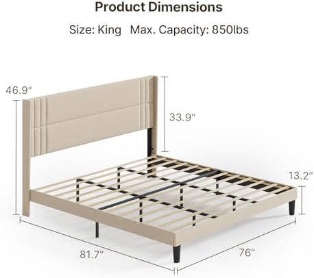 Gizoon King Bed Frame with Wingback Headboard, Upholstered Platform Bed - Image 2