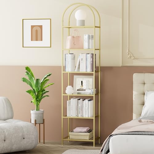 Homhedy 6-Tier Tall Gold Bookshelf, Arched Bookcase - Image 6