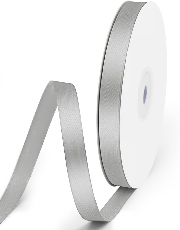 3/8" x 50 Yards Satin Ribbon - Silver Silk Ribbon with Spool - Ideal for Gift Wrapping, Floral Bouquets, Crafts, Wedding Party Decorations, Christmas and Sewing Projects