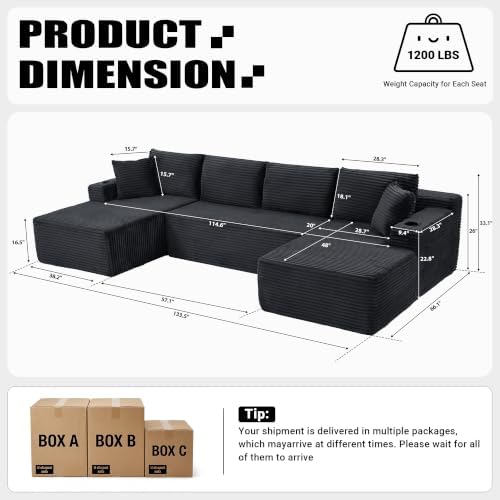 134 inch Boneless Couch, U-Shaped Modular Sectional Sleeper Sofa, Dark Grey - Image 2