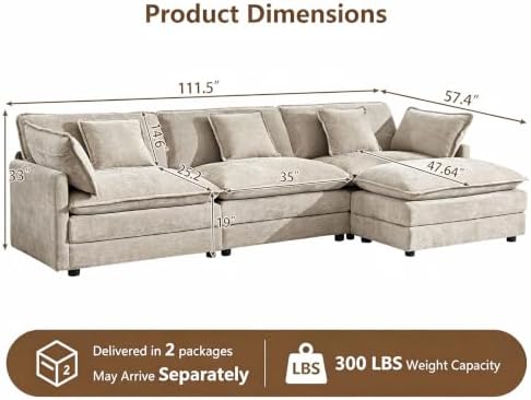 111.5” Modular Sectional Sofa, L Shaped Cloud Couch - Image 2