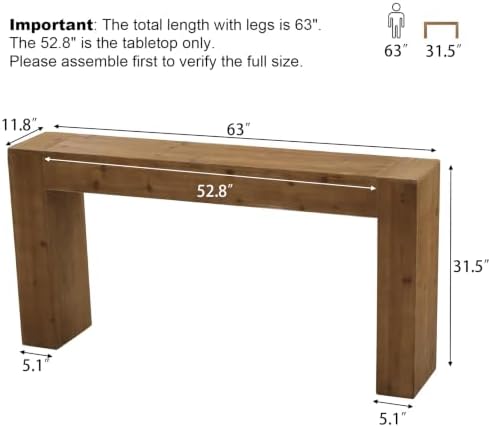 63" Solid Wood Console Table for Entryway, Long Farmhouse Sofa Table - Image 2