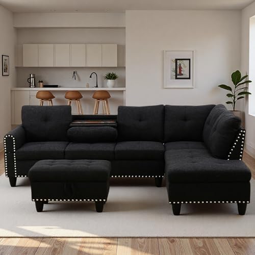 L-Shaped Couch Set, 97.5" L x 69.5" W Sectional Sofas Linen Grey by Topcomfy