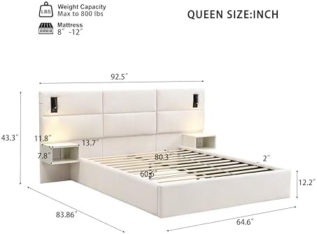 Queen Size Bed Frame with LED Lights and Floating Shelves, Modern Chenille - Image 2