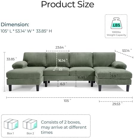 LINSY HOME Sectional Couch, 4 Seat Couch - Image 2