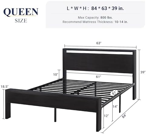 Allewie Queen Size Bed Frame, Heavy Duty 12 Metal Slats Support - Image 2
