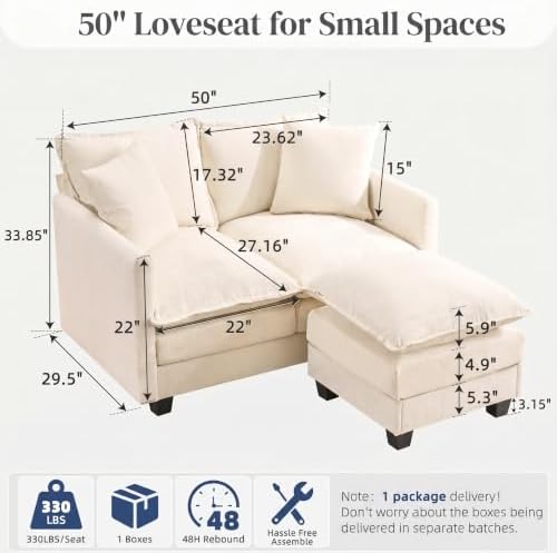 2-Seater Loveseat Sofa with Ottoman, Pet-Friendly Chenille, Washable Pillows - Image 2