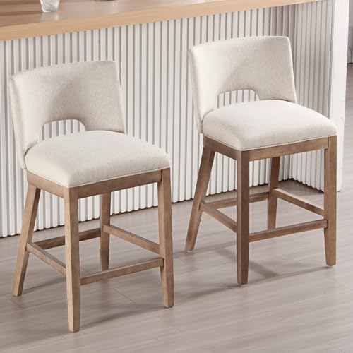 Beige Bar Stools Set of 2, Linen Upholstered Armless Barstools - Image 3