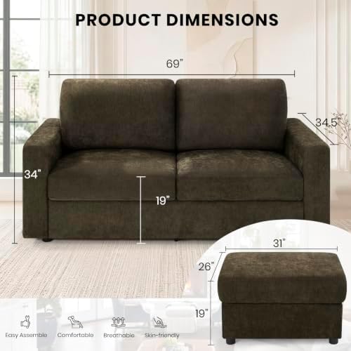 69” Chenille Loveseat Couch W/Movable Ottoman - Image 2