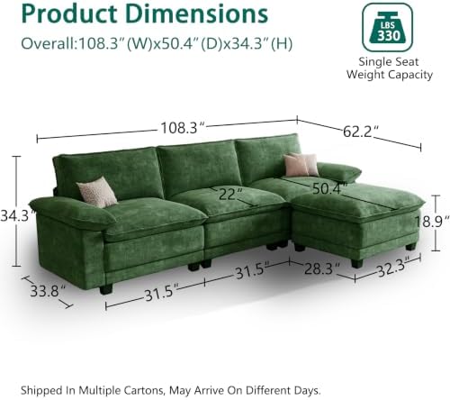 108" Modular Sectional Couch, L Shaped Cloud Sofa - Image 2