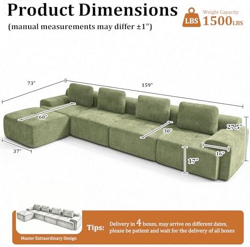 159" L Shaped Oversized Boneless Couch, Comfort Cloud Sectional Couches - Image 2