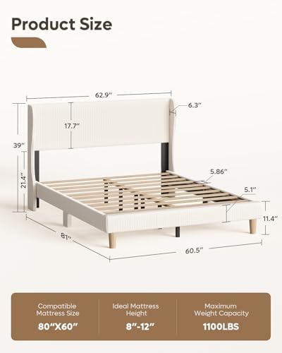 Bestier Queen Bed Frame with Wingback Headboard, Upholstered - Image 2