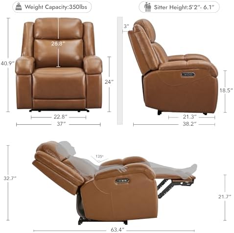 Watson & Whitely Genuine Leather Wall Hugger Power Recliner, Saddle Brown - Image 3