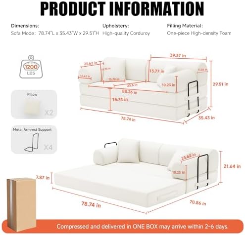 79" Memory Foam Sofa Bed, High Backrest Convertible Futon Boneless Couch - Image 2