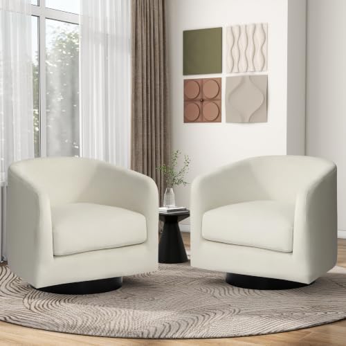 Pia Ricco Set of 2 Oversized Velvet 360° Swivel Barrel Accent Chair Ivory - Image 7