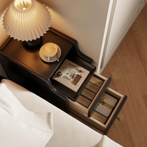 AQIMUELE Small Nightstand with Drawers, Solid Wood Bedside Table, Narrow Walnut - Image 3