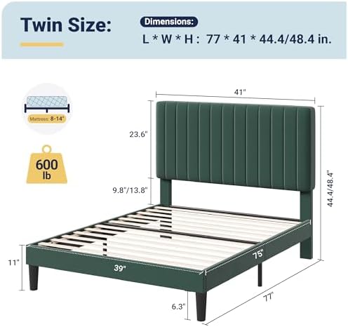 Allewie Twin Bed Frame, Velvet Upholstered Platform Bed - Image 2