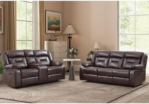 EBELLO Manual Recliner Sofa Set, Faux Leather Reclining Living Room Furniture by EBELLO