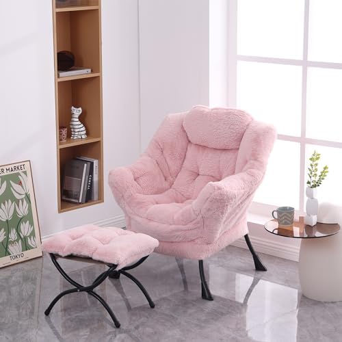 Modern Lazy Chair with Ottoman, Comfy Accent Reading Chair, Plush Pink - Image 4