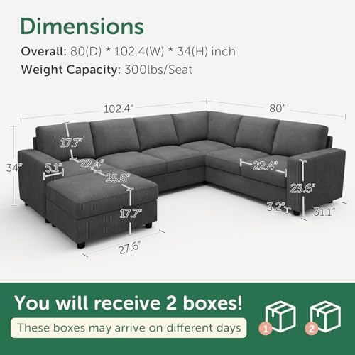 HONBAY 7 Seaters U Shape Corduroy Sectional Sofa - Image 2