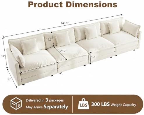 146.5" Modular Sectional Sofa, Oversized 4 Seater Cloud Couch - Image 2