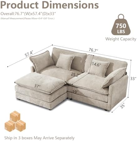 GNIXUU 76.7" Camel Small L Shaped Cloud Couch Loveseat Sofa - Image 2