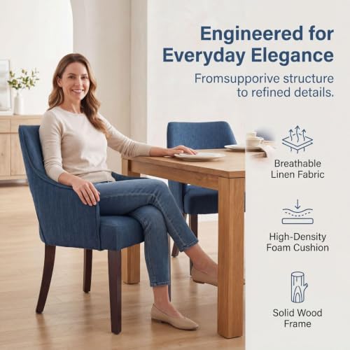 Blue Linen Upholstered Dining Room Chairs Set of 2 - Image 3