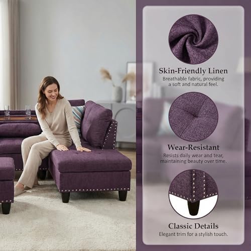L-Shaped Couch Set, 97.5" L x 69.5" W Sectional Sofas Linen Purple - Image 4