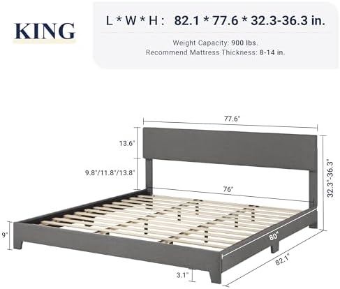 Allewie King Size Upholstered Bed Frame Adjustable Headboard, Dark Grey - Image 2