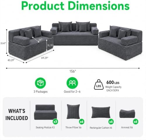 MONVANE 156" Oversized 3-Piece Loveseat Couch Set - Image 2