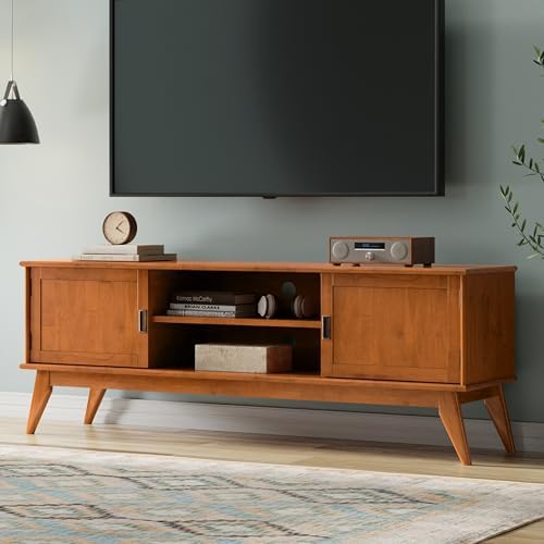 SIMPLIHOME Draper 72" Wide Solid Wood TV Stand in Teak Brown - Image 2