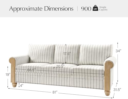81" Mid-Century Modern 3-Seater Sofa, Stripe Upholstered Couch - Image 2