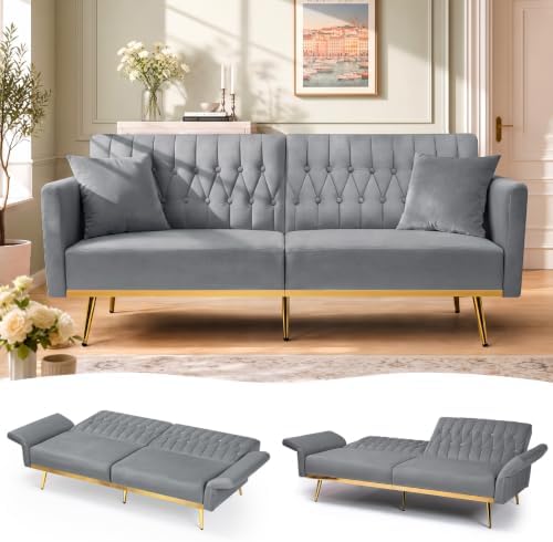70” Velvet Futon Sofa Bed w/Adjustable Armrests by ACMEASE