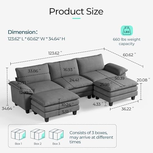 LINSY HOME 123'' Modular Sectional Sofa Green Couch Corduroy Cloud Couches - Image 2