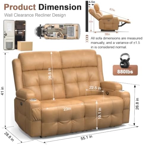 Reclining Loveseat Sofa, RV Loveseats Recliner Sofas Wall Hugger, Double - Image 2