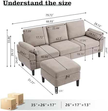 80" Sectional Sofa Couches, 3-Seater Reversible Couch - Image 2